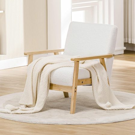 Mid Century Modern , Upholstered Armchair Chair with Solid Wood Armrests, Linen Fabric Single Sofa Living Room Chair for Bedroom (White)