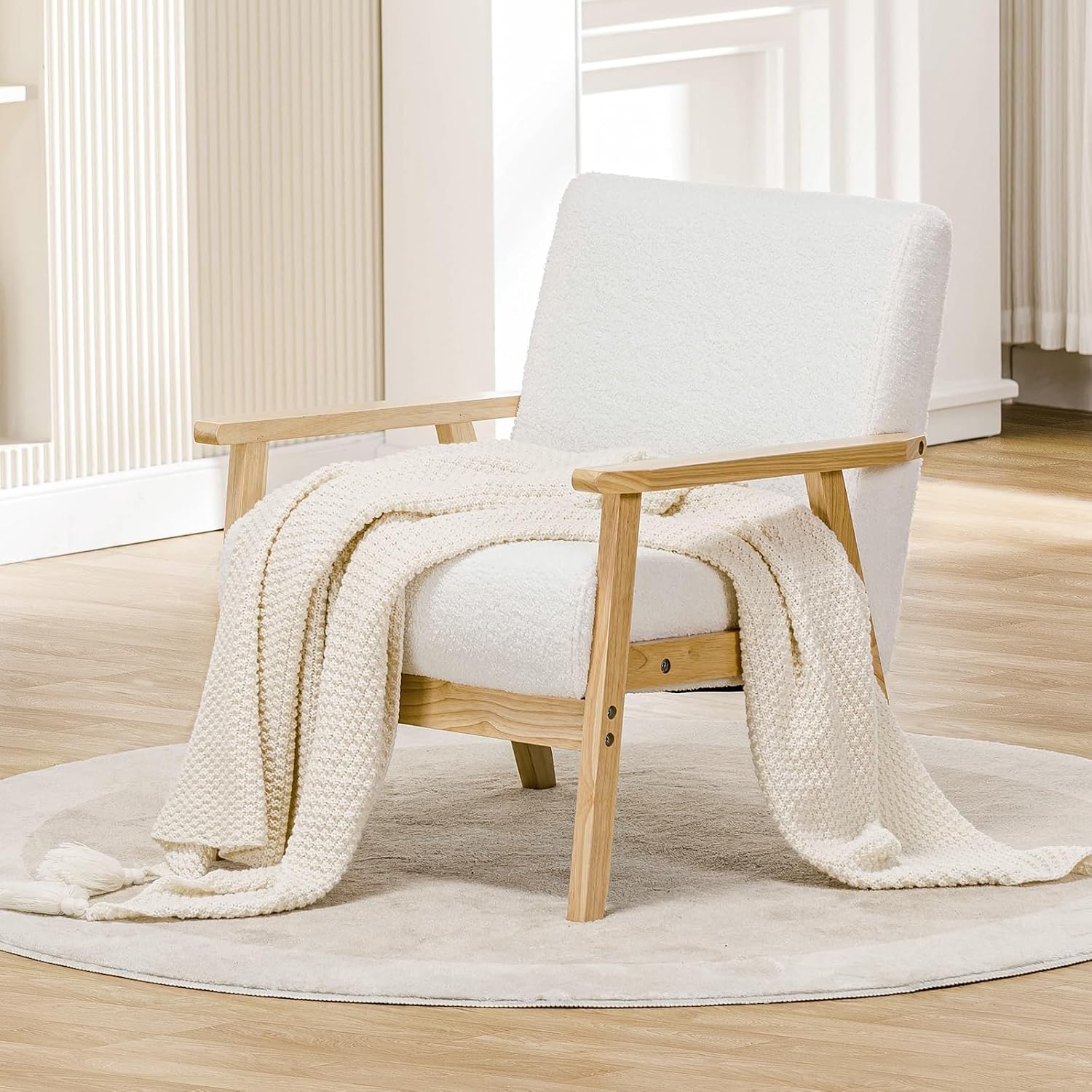 Mid Century Modern , Upholstered Armchair Chair with Solid Wood Armrests, Linen Fabric Single Sofa Living Room Chair for Bedroom (White)