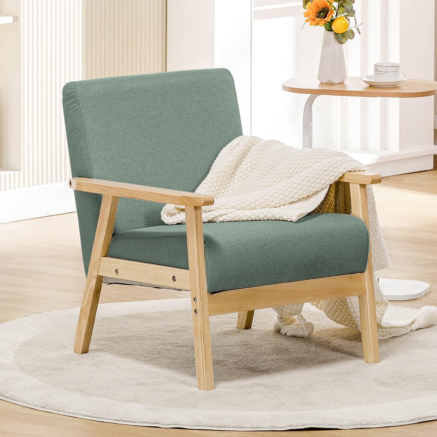 Mid Century Modern , Upholstered Armchair Chair with Solid Wood Armrests, Linen Fabric Single Sofa Living Room Chair for Bedroom (Green)
