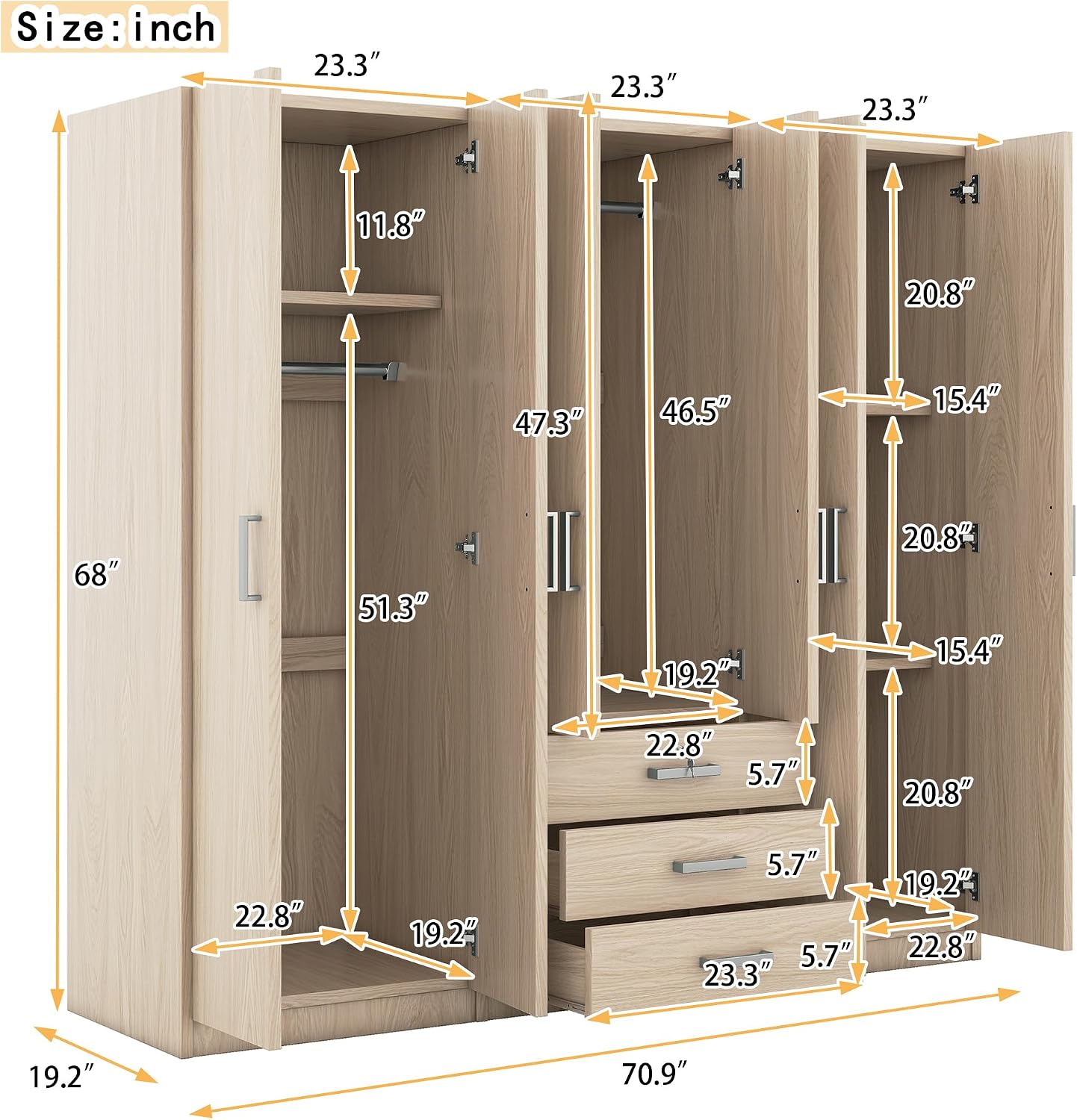 Wooden Wardrobe Closet Organizer with Big Drawers, Hanging Rail and Shelves 6 Doors Clothes Storage Cabinet for Bedroom, Almond - Image 2