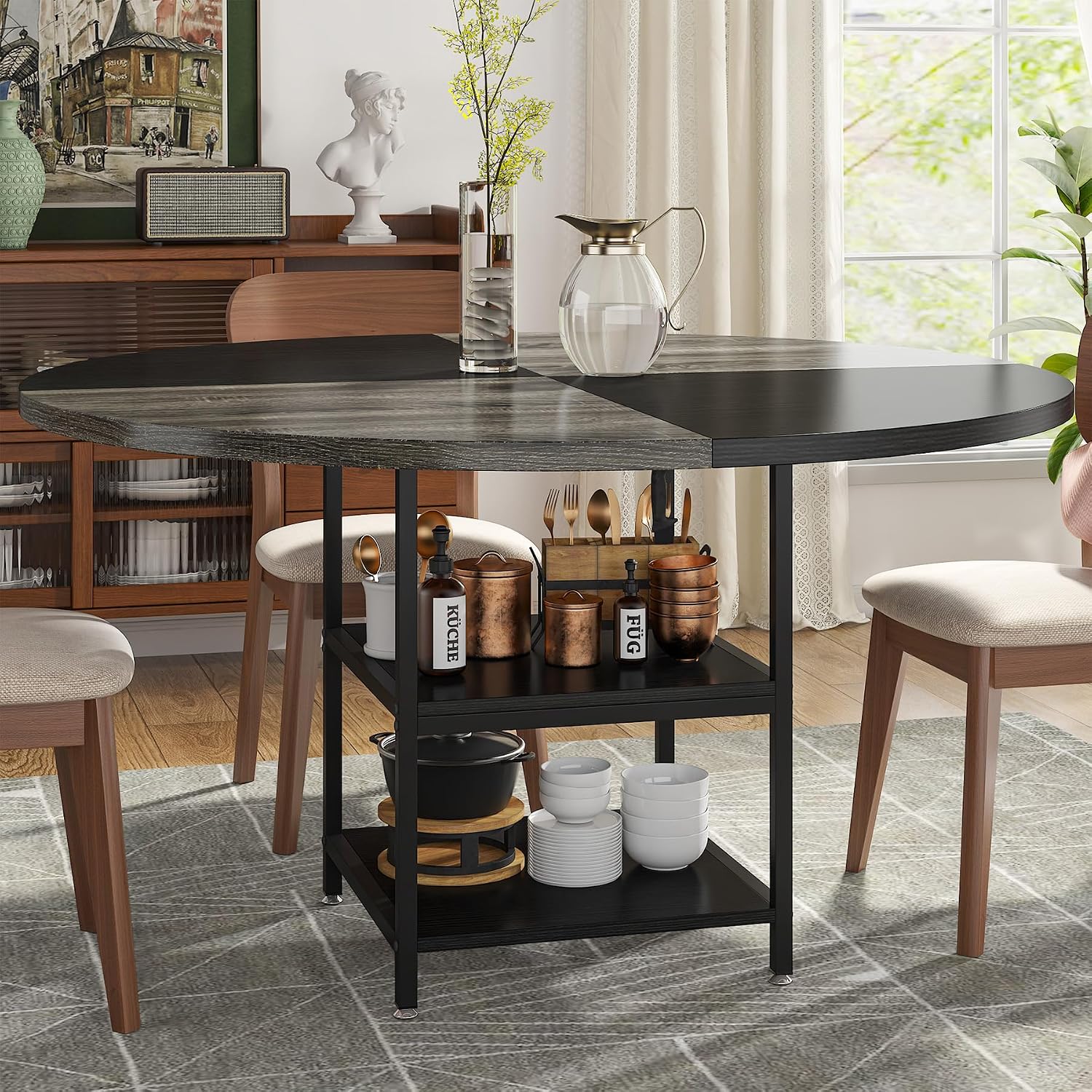47 inch Round Dining Table for 4, Wood Kitchen Table Large Dinner Table with Storage Shelf Metal Legs for Home Dining Room Living Room, Black Rustic Grey(Only Table) - Image 2
