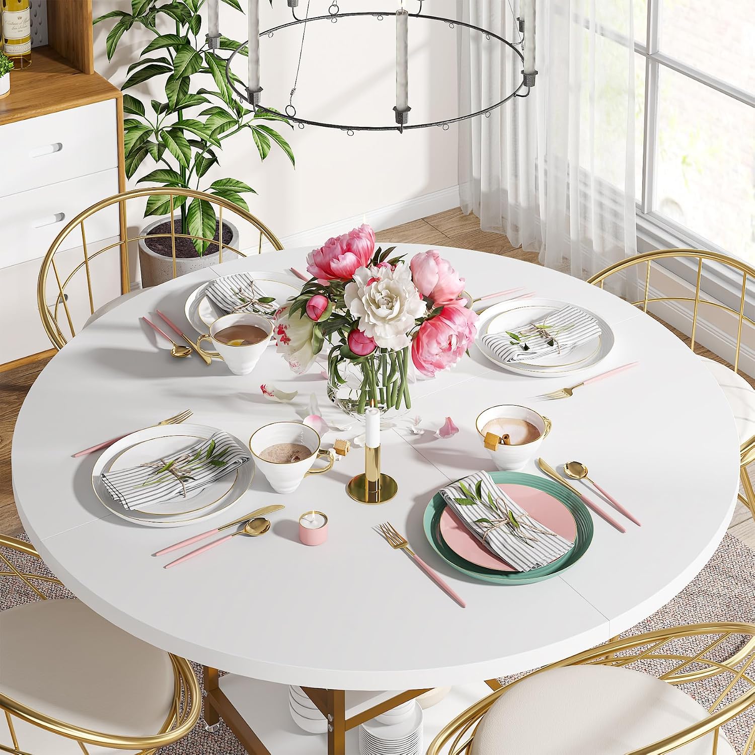 47 Inches Round Dining Table for 4 People, Golden Kitchen Tables Dinner Table with 2-Tier Storage Shelves for Dining Room Living Room, White Gold(Only Table) - Image 2