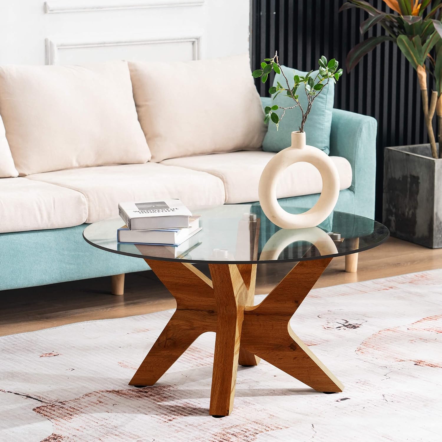 Round Glass Coffee Table for Living Room, 31.5 inches Mid Century Modern Accent Tea Table, Farmhouse Cocktail Table with MDF Leg and Tempered Glass Top (Rustic Brown) - Image 2