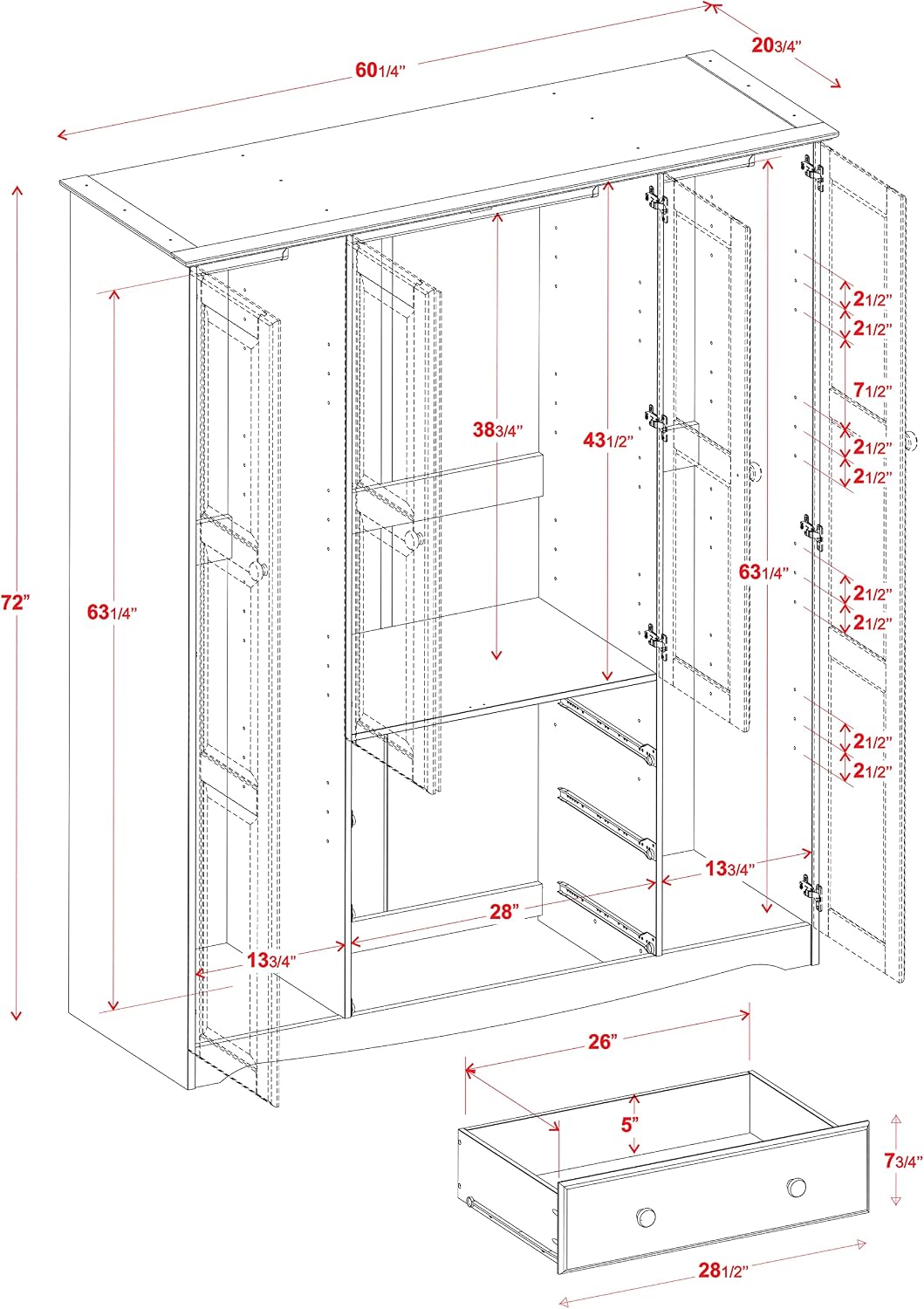 100% Solid Wood Family Wardrobe Closet Armoire, 3 Clothing Rods Included, 60.25" w x 72" h x 20.75" d, Renewable Eco-Friendly Wood, Made in Brazil - Image 2