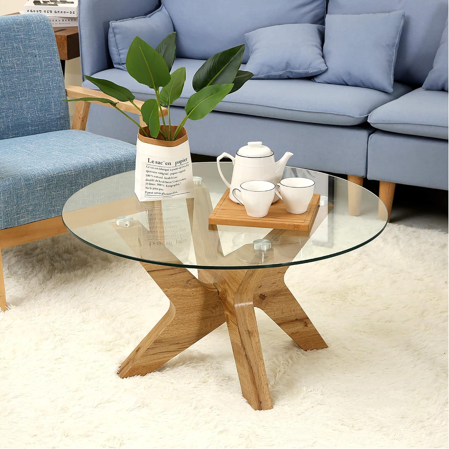 Round Glass Coffee Table for Living Room, 31.5 in Clear Accent Table Cocktail Table with MDF Leg, Modern Tea Table Center Table with Tempered Glass Top for Living Room (Natural Wood)
