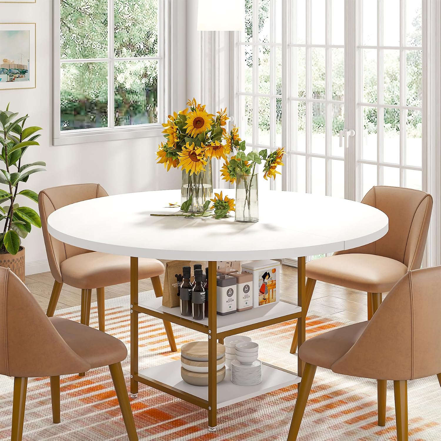 47 Inches Round Dining Table for 4 People, Golden Kitchen Tables Dinner Table with 2-Tier Storage Shelves for Dining Room Living Room, White Gold(Only Table)