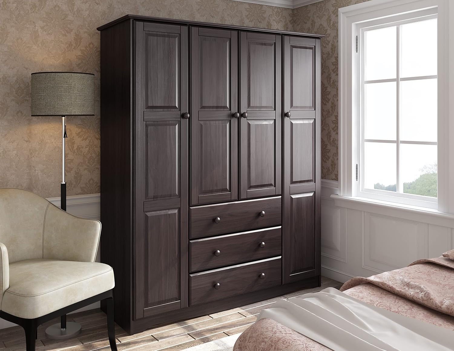 100% Solid Wood Family Wardrobe Closet Armoire, 3 Clothing Rods Included, 60.25" w x 72" h x 20.75" d, Renewable Eco-Friendly Wood, Made in Brazil