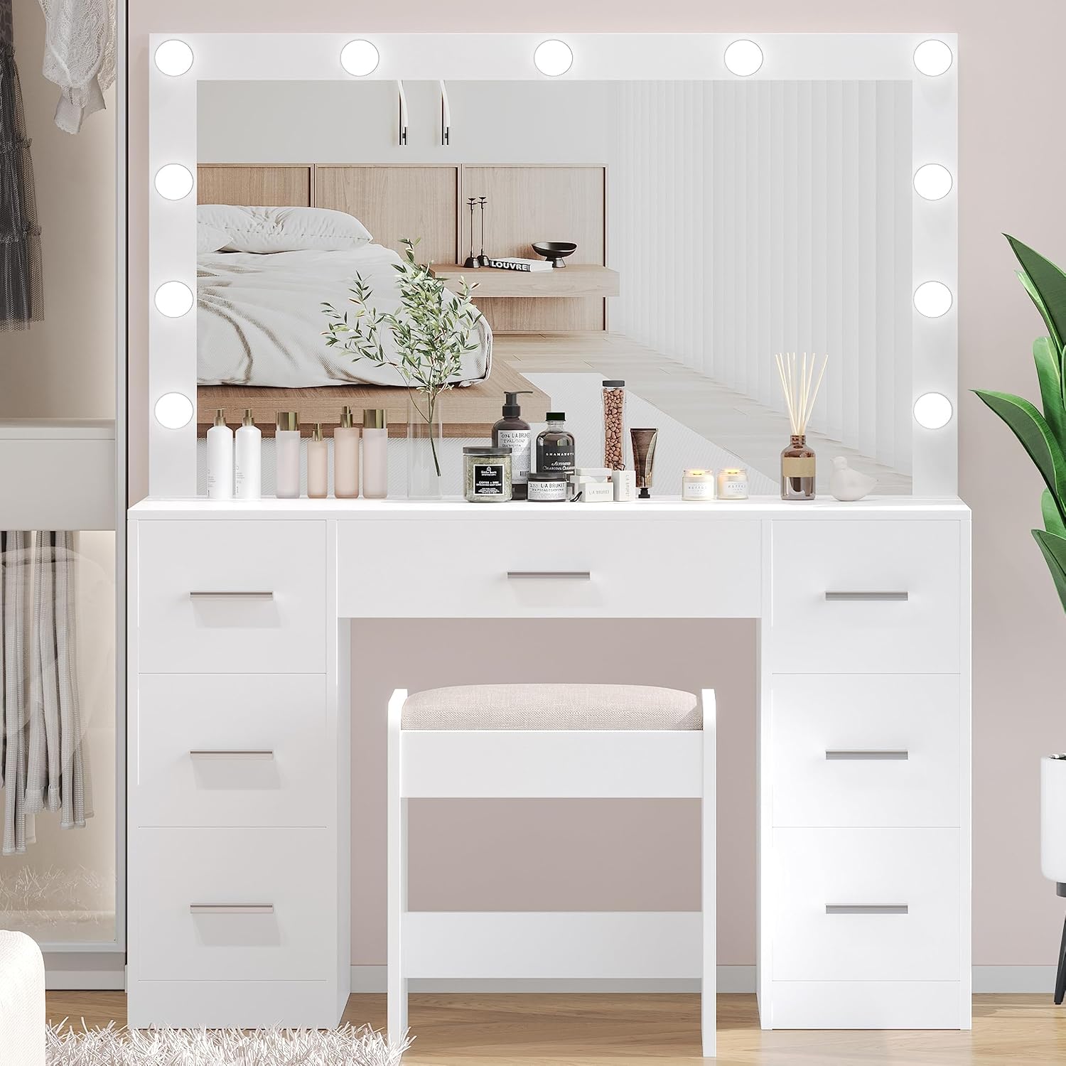 Vanity Desk with Stool, Makeup Table with Lighted Mirror, 3 Color Lighting Modes, Brightness Adjustable, Dressing Table with Drawers, Vanity Table Set for Women, White