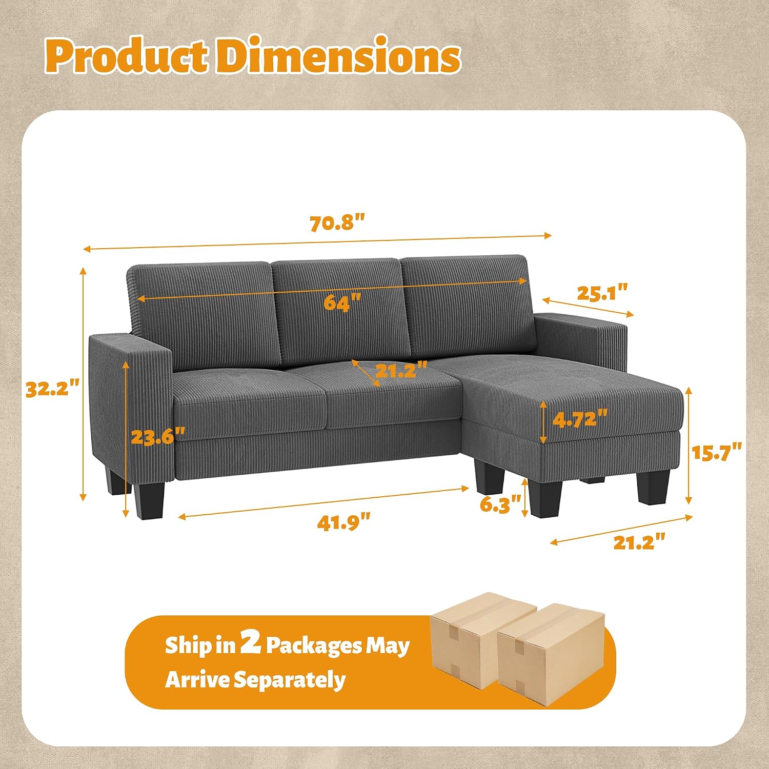 Sectional Sofa Couch, 3 seat L-shaped Sofa with Coral Velvet Fabric, Movable Ottoman Small Couch for small Apartments, Living Rooms and Offices (Grey) - Image 2
