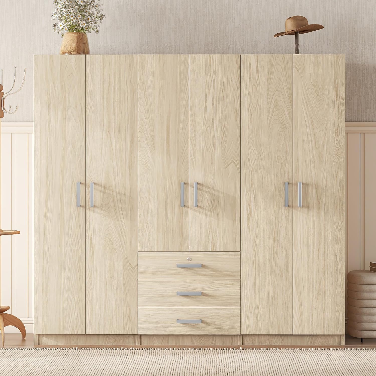 Wooden Wardrobe Closet Organizer with Big Drawers, Hanging Rail and Shelves 6 Doors Clothes Storage Cabinet for Bedroom, Almond