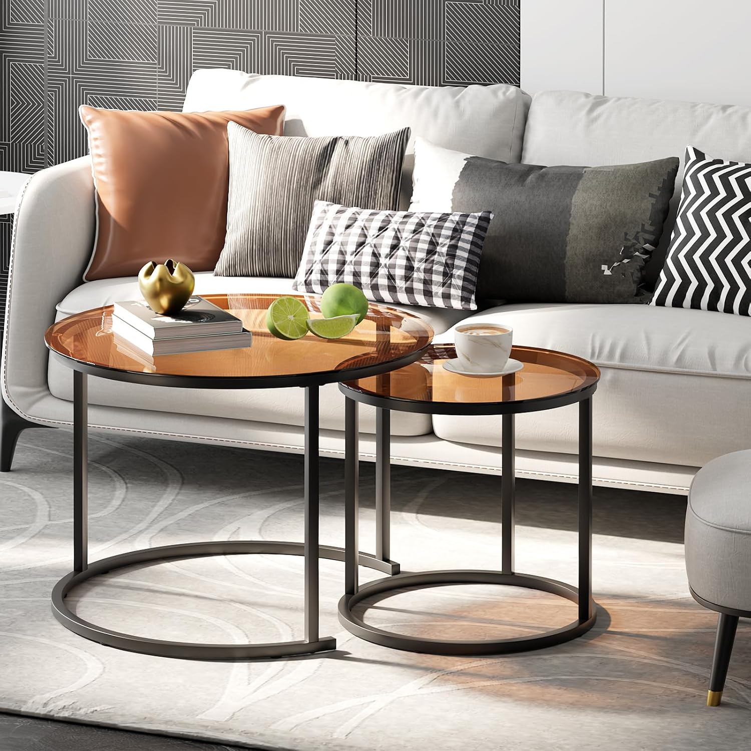 Nesting Coffee Table Set of 2, Small Round Glass Nesting Tables for Living Room Bedroom, Accent Tea Table with Metal Frame Modern Industrial Simple - Image 2
