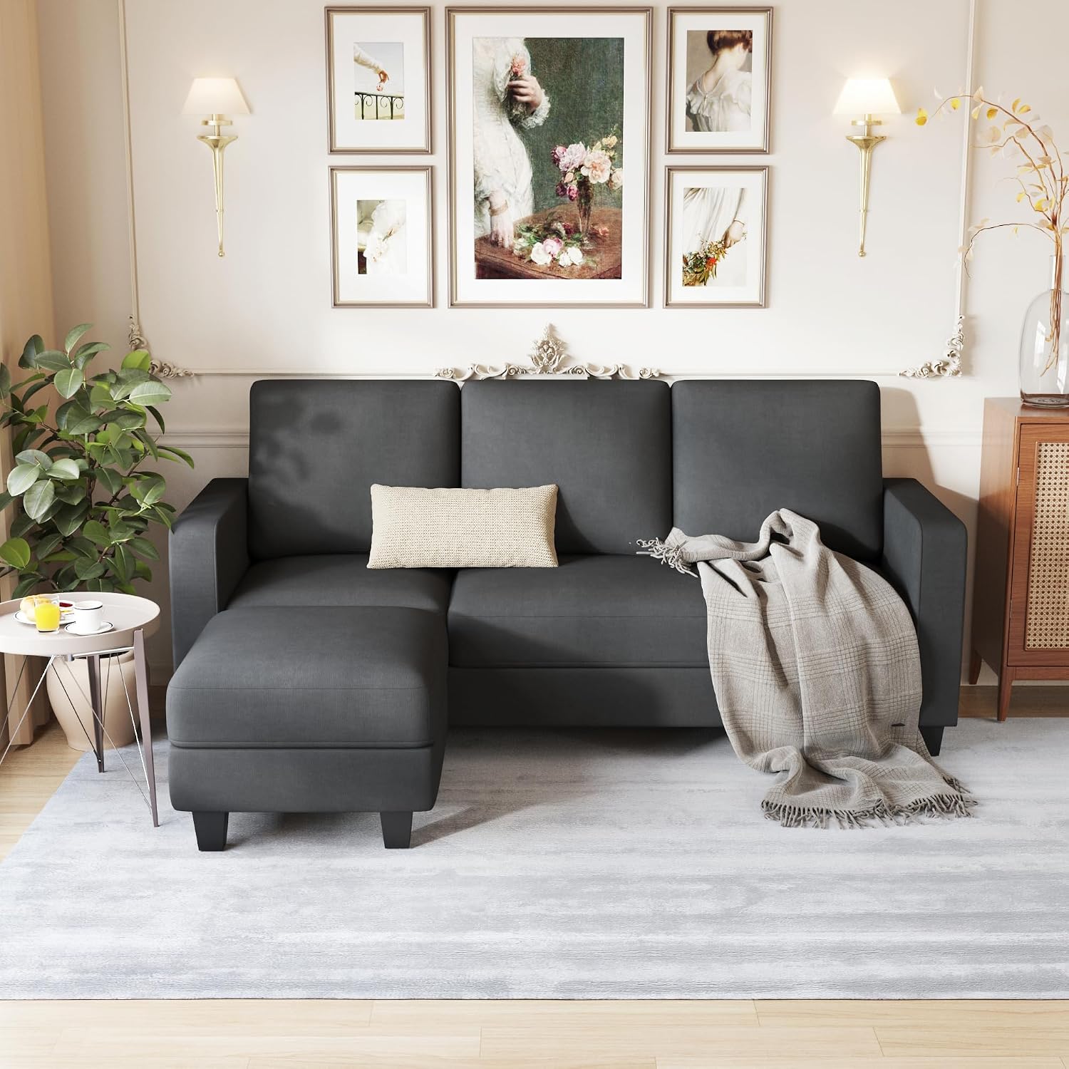 Convertible Sectional Sofa Couch, L Shaped 3-Seat Small Couch for Living Room with Ottoman Modern Fabric Reversible Chaise for Apartment and Small Space (Dark Gray)