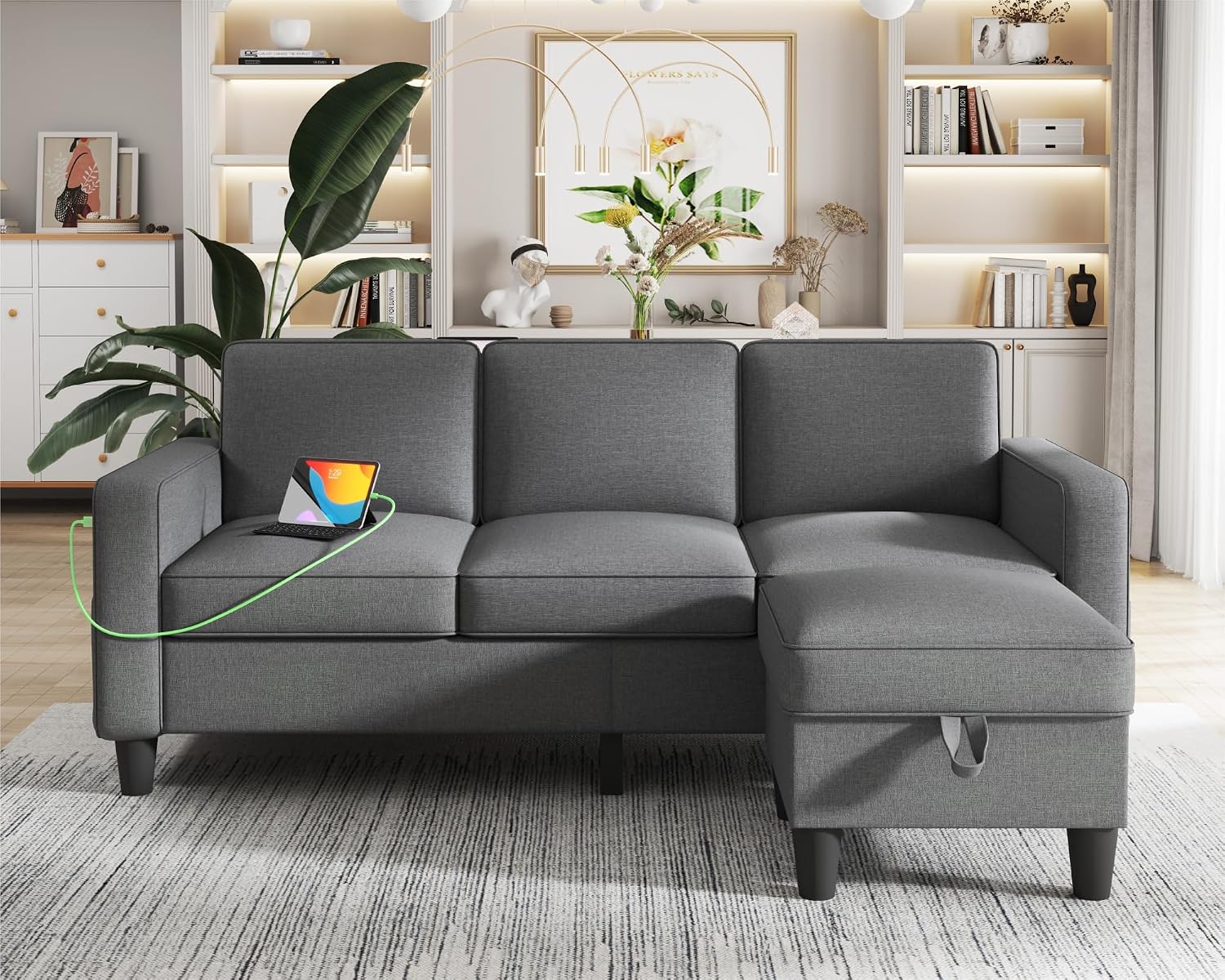 Sectional Sofa Couch 78“ Couches for Living Room L Shaped 3 Seater Sofas with Storage Ottoman USB+Type C Charging Port (Dark Grey)