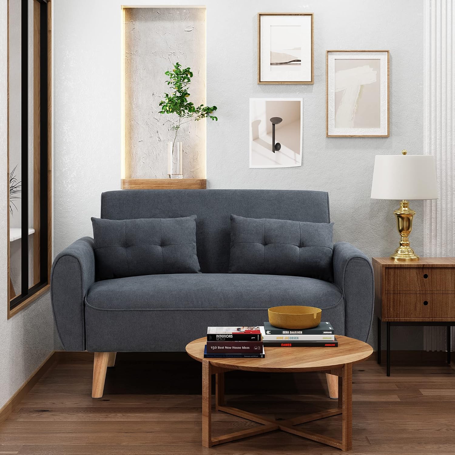 47" Small Modern Loveseat Couch Sofa, Fabric Upholstered 2-Seat Sofa, Love Seat Furniture with 2 Pillows, Wood Leg for Small Space, Living Room, Bedroom, Apartment, Dark Grey