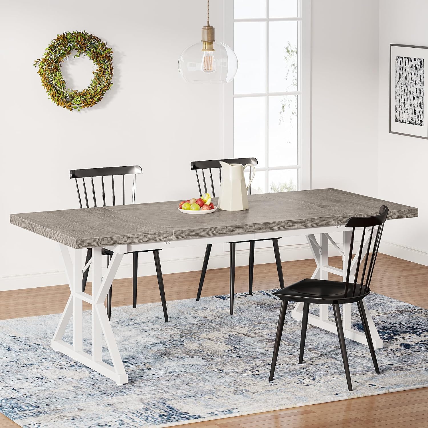 Farmhouse Dining Table for 6 People, 70.8-Inch Rectangular Wood Dining Table, Rustic Kitchen Table with Heavy Duty Metal Legs for Dining Room(Grey)