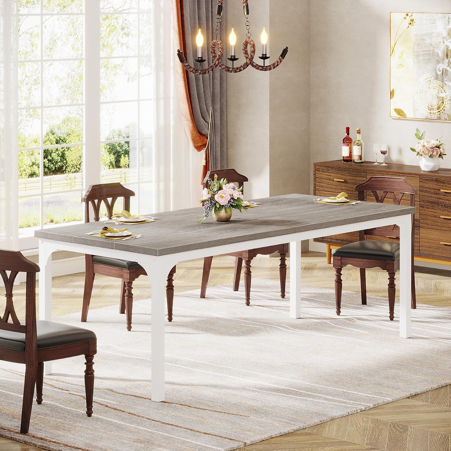 Farmhouse Dining Table for 6-8, 70.9 Inch Rectangular Wood Kitchen Table with Heavy Duty Metal Legs, Industrial Dinner Table for Dining Room, Living Room, Grey and White - Image 2