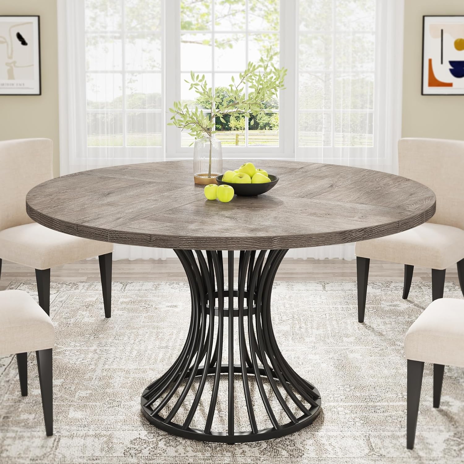 Round Dining Table for 4-6 People, 47-Inch Farmhouse Dinning Room Table Circle Kitchen Table, Industrial Dinner Table with Metal Base for Kitchen, Living Room, Gray
