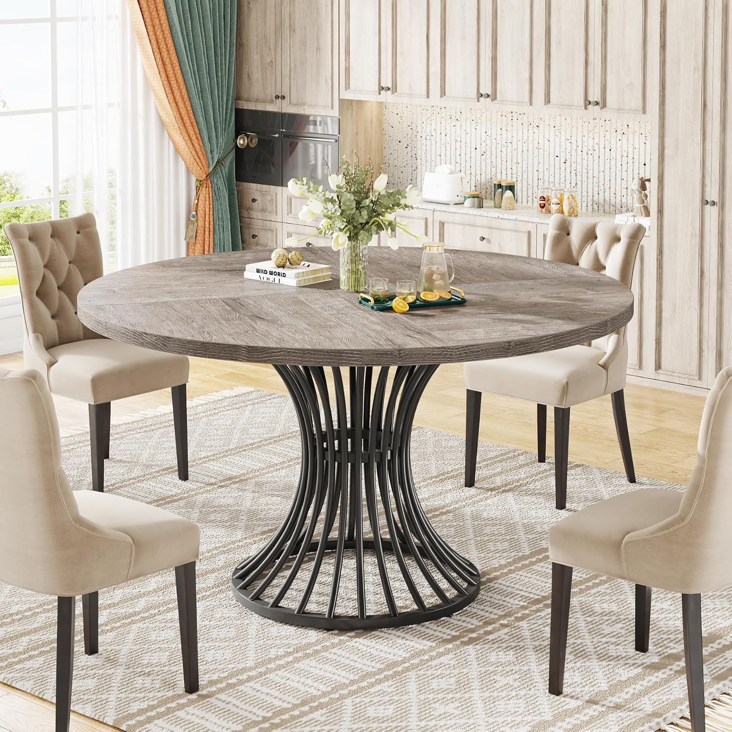 Round Dining Table for 4-6 People, 47-Inch Farmhouse Dinning Room Table Circle Kitchen Table, Industrial Dinner Table with Metal Base for Kitchen, Living Room, Gray - Image 2