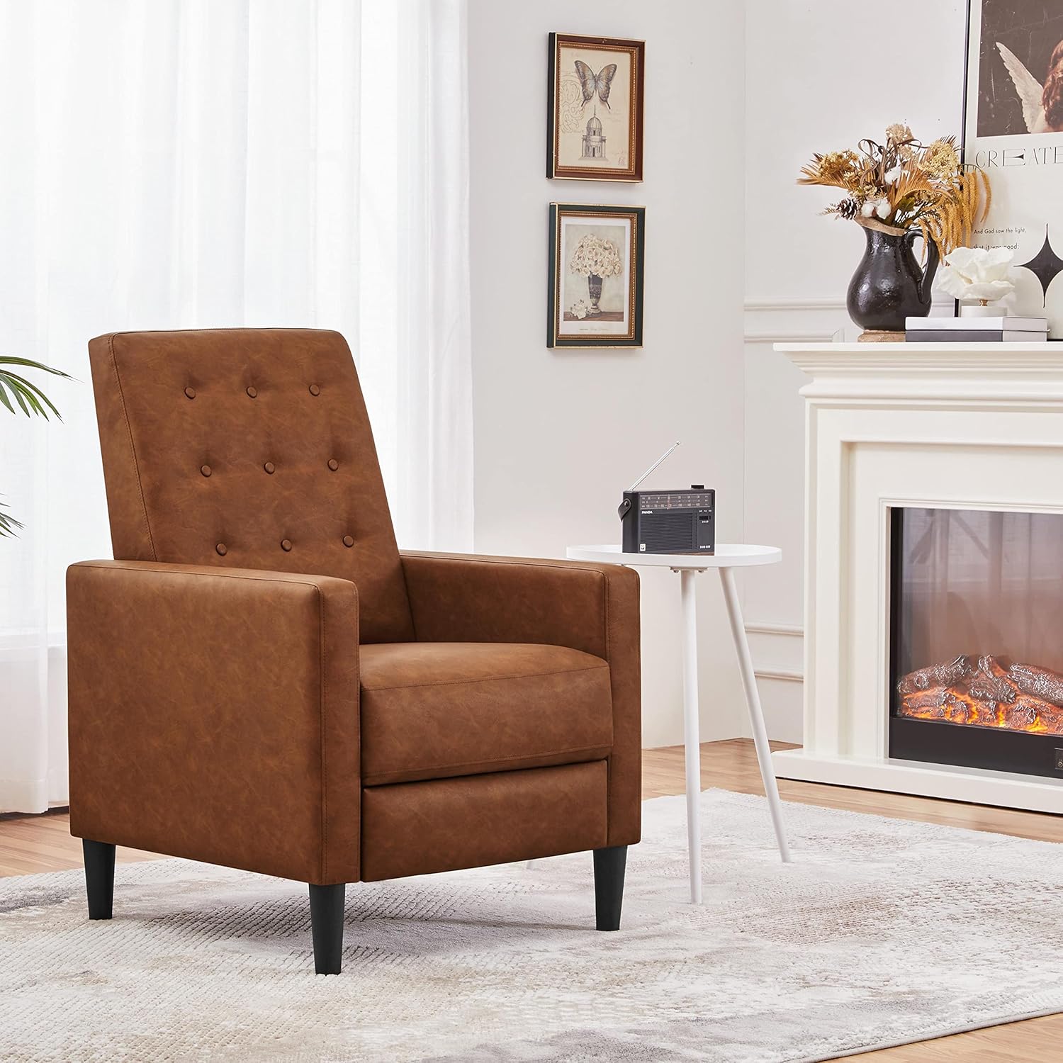 Faux Leather Recliner Sofa Mid-Century Modern Single Reclining Chair Adjustable Back & Footrest Tufted Upholstered Sofa with Pocket Spring Living Room Bedroom Home Theater Brown - Image 2