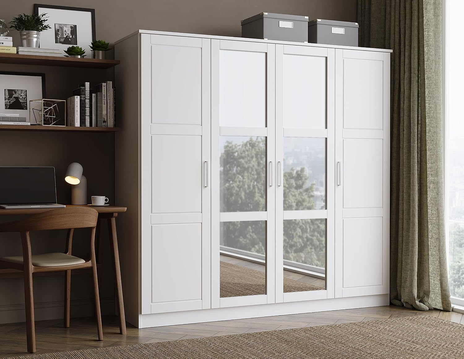 100% Solid Wood 4-Door Wardrobe with Mirrored Doors, Clothing Rods, No Shelves, White, 74.5" W x 72" H x 20.75" D, Renewable Eco-Friendly Wood, Made in Brazil