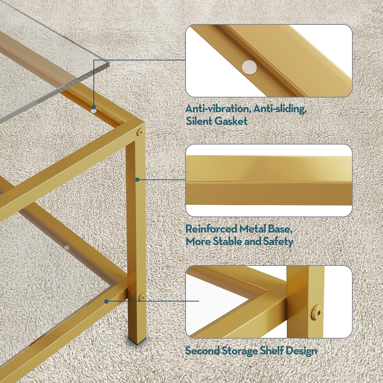 Glass Coffee Table with Storage 2-Tier Square Glass Center Table for Living Room Home Office with Gold Metal Frame Modern Table for Small Spaces - Image 2