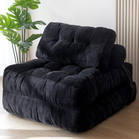 Folding Sofa Bed, Convertible Sleeper Chair with Pilow Foldable Matress with Back Support, Portable Fold Out Chair Bed Comfy Floor Sofa Lounge for Living Room Bedroom, Black, Single