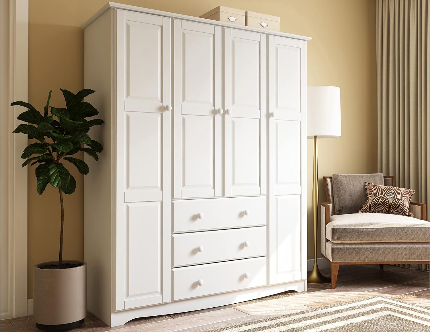 100% Solid Wood Family Wardrobe Closet Armoire w/Clothing Rods, White, 60.25" w x 72" h x 20.75" d. Renewable Eco-Friendly Wood, Made in Brazil