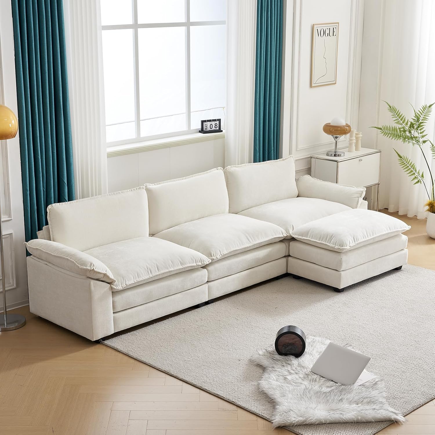 Sectional Sofa Modern Deep 3-Seat Sofa Couch with Ottoman, Chenille Sofa Sleeper Comfy Upholstered Furniture for Living Room, Apartment, Studio, Office, Beige