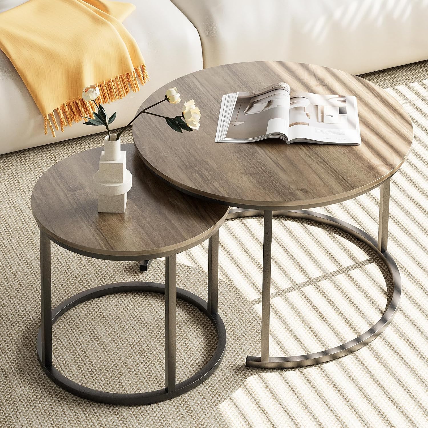 Coffee Table Nesting Side Round Table Set of 2 End Table with Sturdy Metal Frame for Living Room Bedroom Apartment Modern Industrial Simple Nightstand,Oak