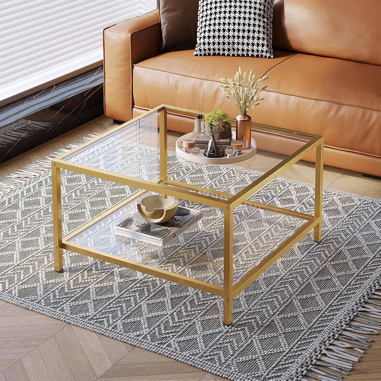 Glass Coffee Table with Storage 2-Tier Square Glass Center Table for Living Room Home Office with Gold Metal Frame Modern Table for Small Spaces