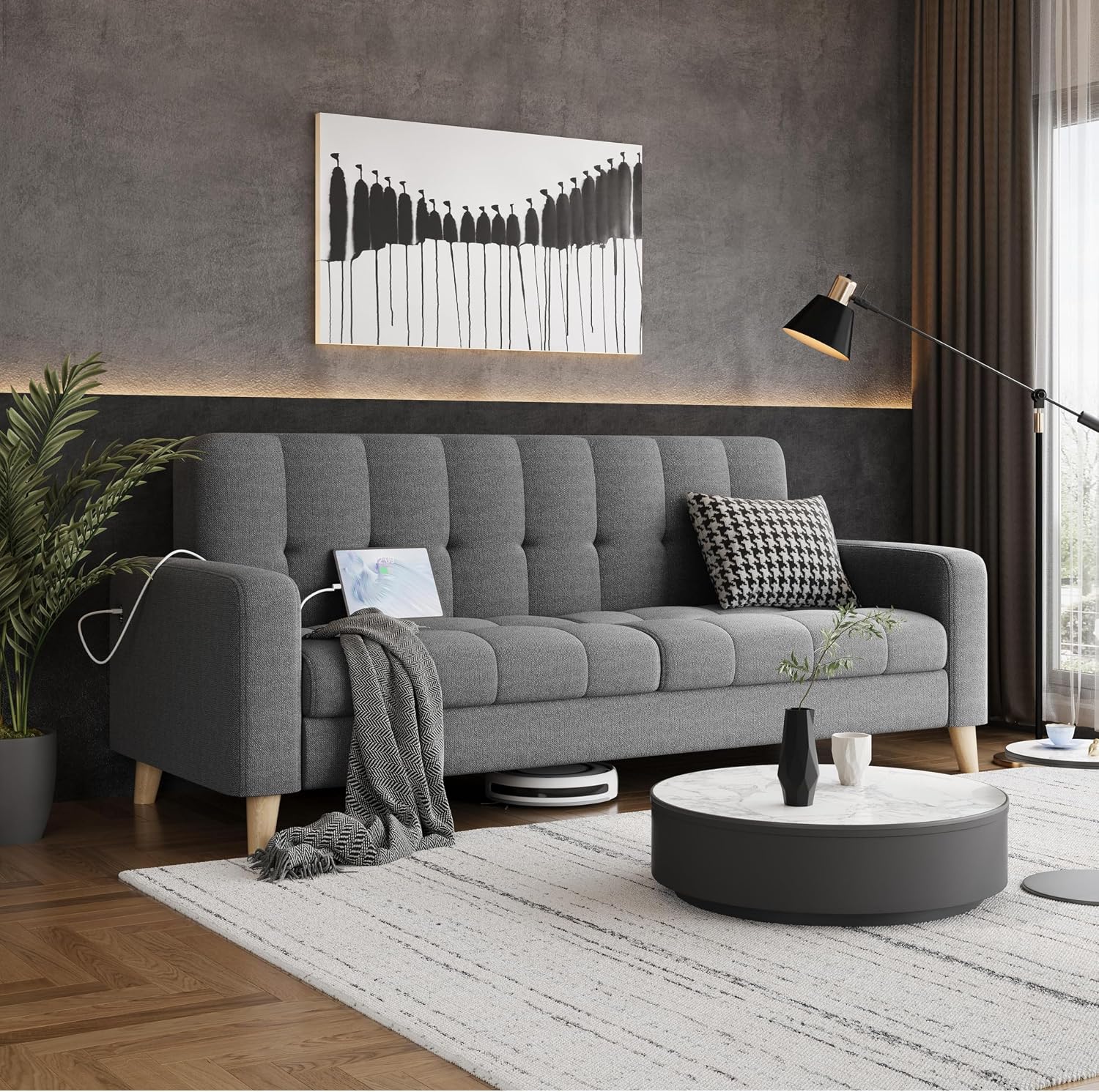 2-Seater Fabric Sofa Loveseat with USB Ports Mid-Century Modern 65? W Couch Sofa with Solid Wood Legs for Living Room Apartment Bedroom Office Dark Gray