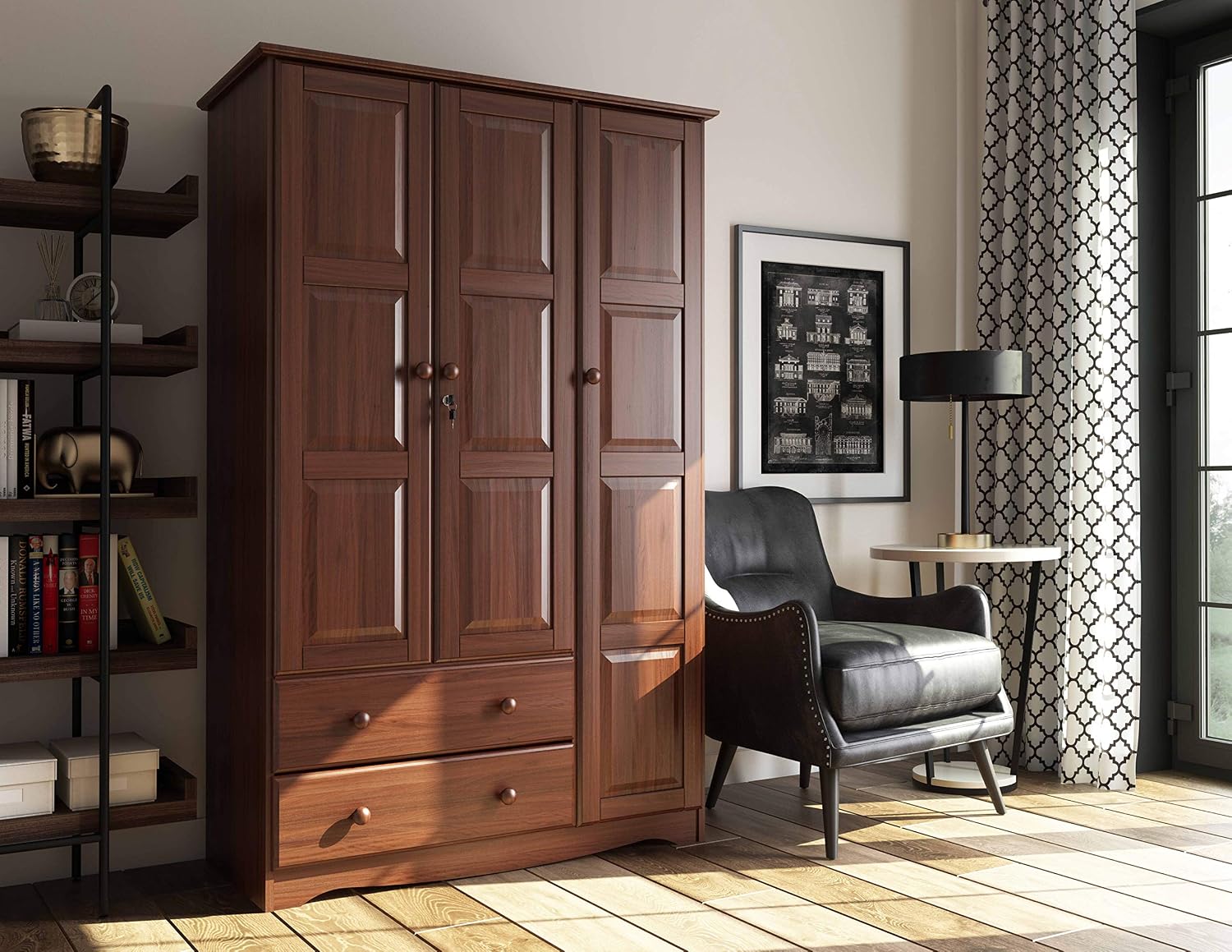 100% Solid Wood Grand Wardrobe/Armoire/Closet w/Shelves & Drawers, Mocha, 45.75" w x 72" h x 20.75" d. Renewable Eco-Friendly Wood, Made in Brazil