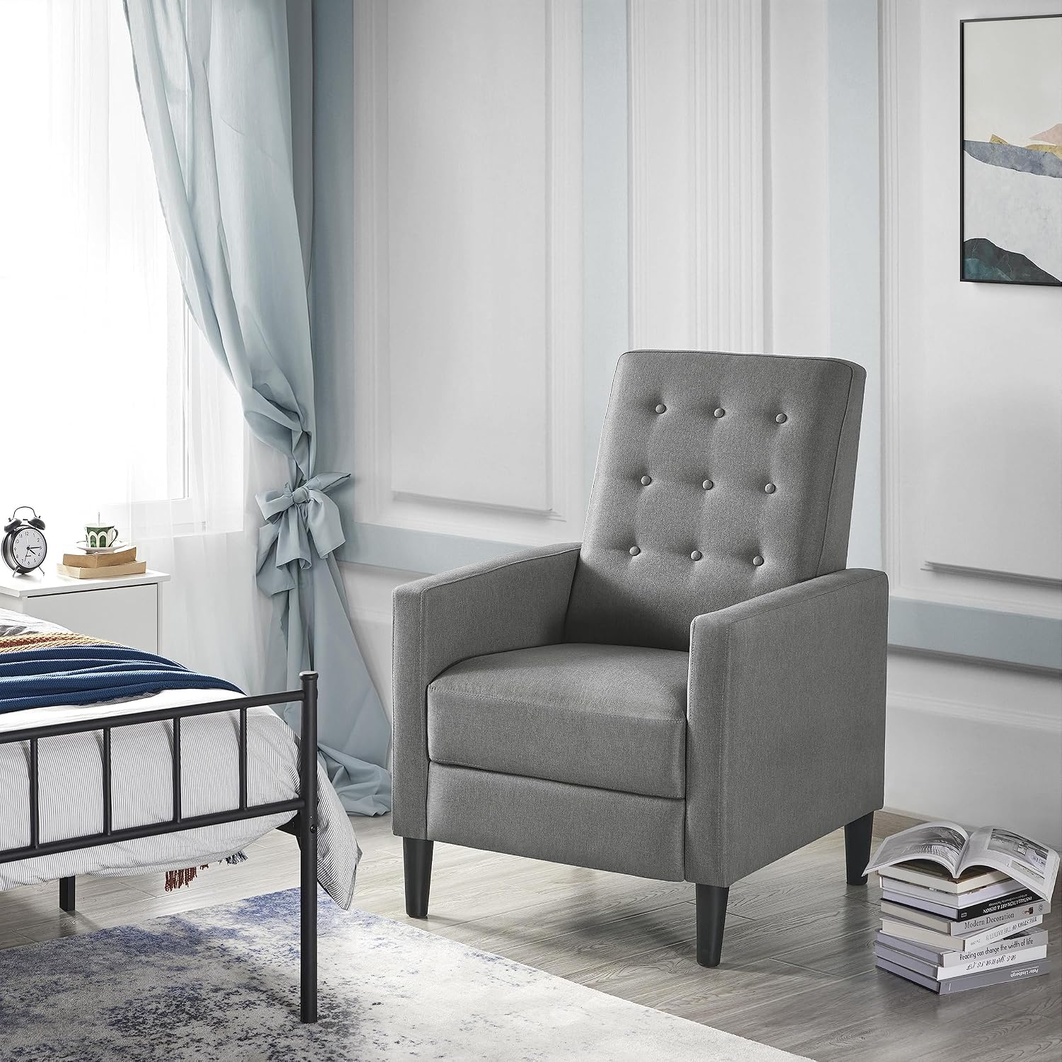 Fabric Recliner Chair Mid-Century Modern Recliner Adjustable Single Recliner Sofa with Thicker Seat Cushion Tufted Upholstered Sofa with Pocket Spring for Living Room Bedroom Gray - Image 2