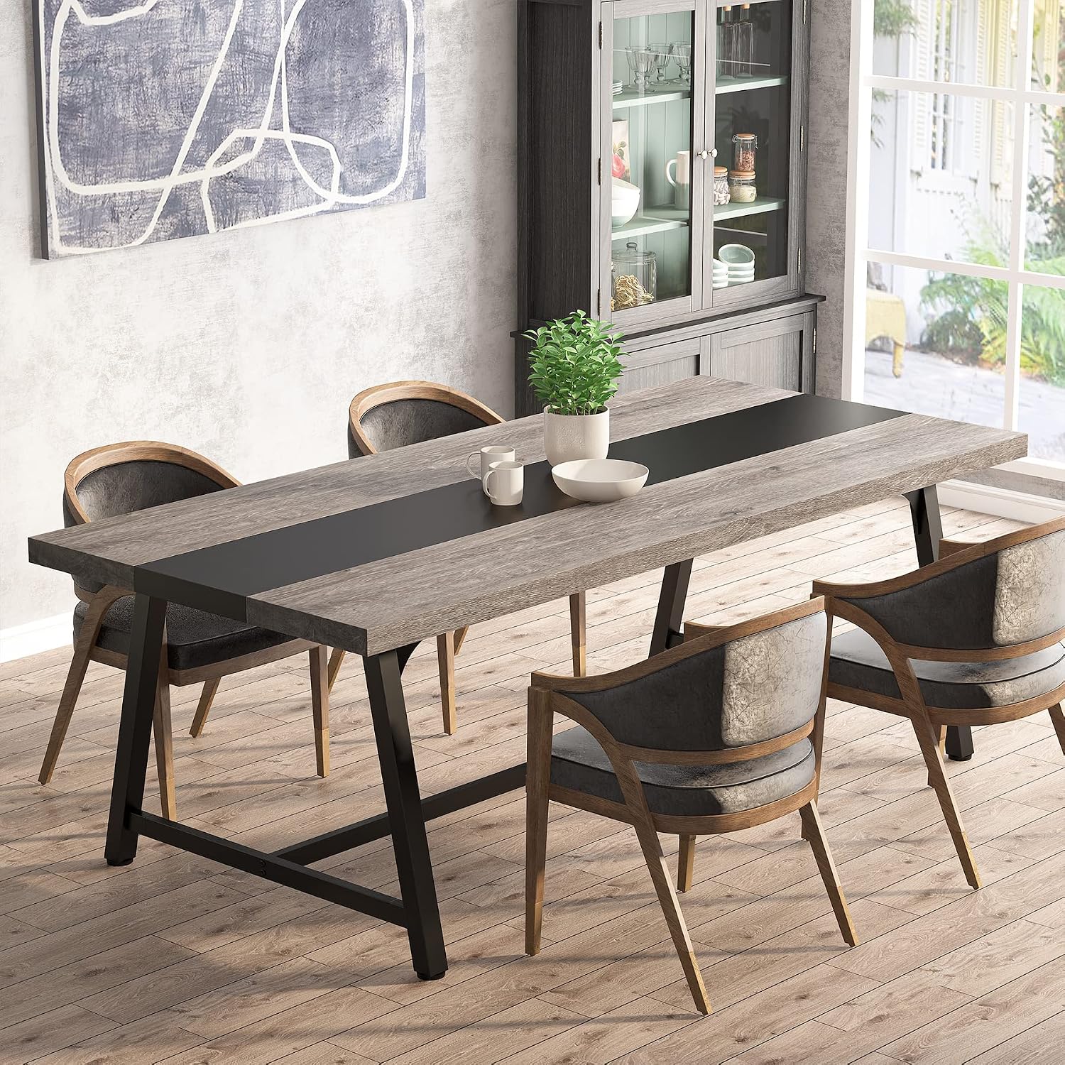 Dining Table for 8 People, 70.87-inch Rectangular Wood Kitchen Table with Strong Metal Frame, Industrial Large Long Dining Room Table for Big Family (Gray, No Chair)