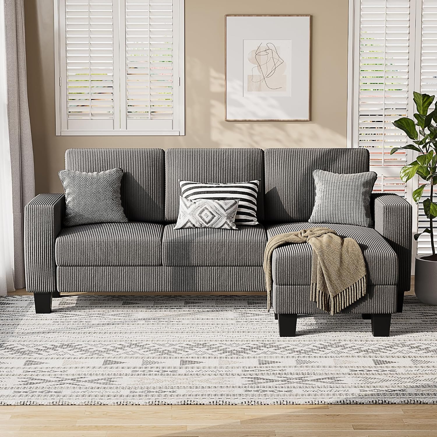 Sectional Sofa Couch, 3 seat L-shaped Sofa with Coral Velvet Fabric, Movable Ottoman Small Couch for small Apartments, Living Rooms and Offices (Grey)